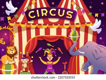 Circus Template Hand Drawn Cartoon Flat Illustration with Show of Gymnast, Magician, Animal Lion, Host, Entertainer, Clowns and Amusement Park