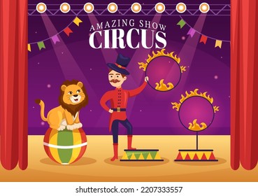 Circus Template Hand Drawn Cartoon Flat Illustration with Show of Gymnast, Magician, Animal Lion, Host, Entertainer, Clowns and Amusement Park