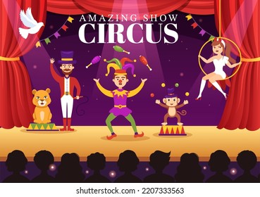 Circus Template Hand Drawn Cartoon Flat Illustration with Show of Gymnast, Magician, Animal Lion, Host, Entertainer, Clowns and Amusement Park