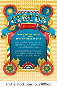 Circus Template. Vector Show Invitation. Cartoon Poster Invite Kids. Birthday Party Invitation Design. Amusement Park. Carnival, Festival, Funfair, Masquerade Theme. Circus Background And Retro Ribbon