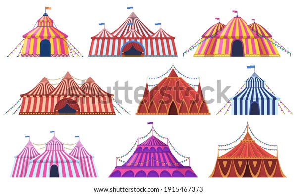 Circus tent. Amusement park vintage carnival\
circus tent with flags, amusement attraction. Circus entertainment\
tents vector illustration set. Marquee striped dome, recreation\
entertainment festive