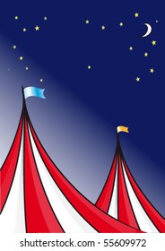 Circus tent background and a night sky with stars and moon.