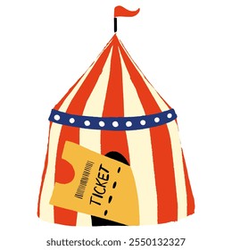 Circus tent with a big ticket sticking out of the entrance halfway, vector hand drawn simple illustration.