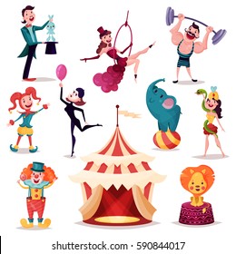 Circus tent, camp or amusement arena. Lion and elephant on ball, strong man with barbell on rod, magician or conjurer, illusionist and prestidigitator, woman in ring or with snake, clown. Performance