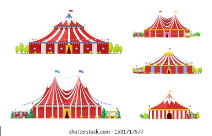 Circus tent or carnival marquee vector icons with red and white strips, open entrances and festive flags, balloons, bunting and stars. Amusement park, funfair performance and entertainment design