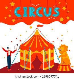 Circus tent, character male tamer, animal tiger, isolated on white, flat vector illustration. Entertainment circus show, promotional invitation card. Spectacle awning design banner for website.