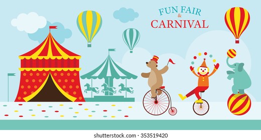 Circus Tent with Clown and Animal Show, Amusement Park, Carnival, Fun Fair, Day Scene festival