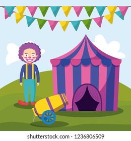 circus tent with clown and cannon