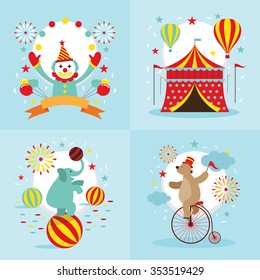 Circus Tent, Clown, Elephant, Bear  Show, Amusement Park, Carnival, Fun Fair, Day Scene festival