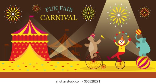 Circus Tent with Clown Show, Amusement Park, Carnival, Fun Fair, Night Scene, festival