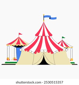 Carpa de circo con banderas de colores en Ilustración vectorial plana que simboliza el entretenimiento, el carnaval y los eventos de circo, aislados sobre fondo blanco.