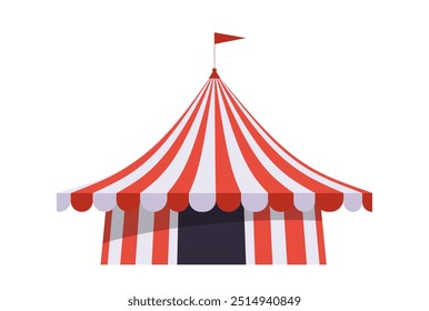 Circus tent concept. Red and white striped tent with flag on top. Entertainment and fun, leisure. Amusement park, attraction. Flat vector illustration isolated on white background