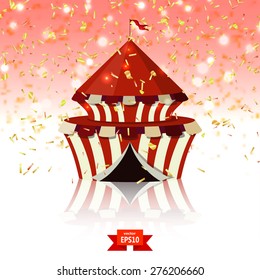 Circus tent of confetti on red glass background. Welcome! Vector illustration