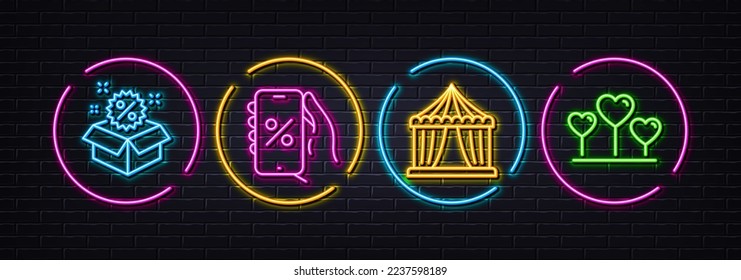 Circus tent, Discounts app and Sale minimal line icons. Neon laser 3d lights. Love heart icons. For web, application, printing. Attraction park, Phone sale, Discount. Romantic feelings. Vector