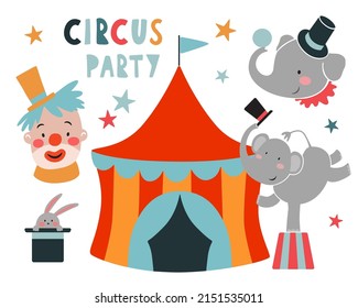 Circus tent, elephant, clown, rabbit in the hat and stars. Set of circus vector illustrations on white background. Circus hand drawn elements. 