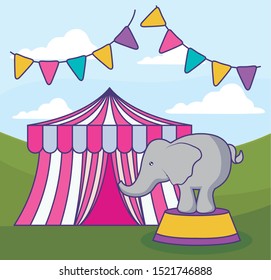 circus tent with elephant and garlands vector illustration design