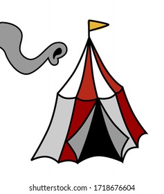 Tienda de circo y maletero de elefante sobre un fondo blanco. Ilustración vectorial de estilo caricatura.
