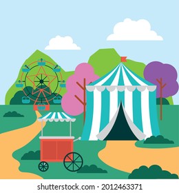 circus tent or fairground tent and park view