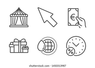 Circus tent, Finance and Mouse cursor icons simple set. World water, Holiday presents and Loan percent signs. Attraction park, Eur cash. Business set. Line circus tent icon. Editable stroke. Vector