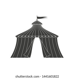 Circus tent with flag. Carnival and funfair marquee black silhouette. Vector illustration.