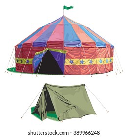 Circus Tent With A Flag And Festive Coloring And A Pup Tent