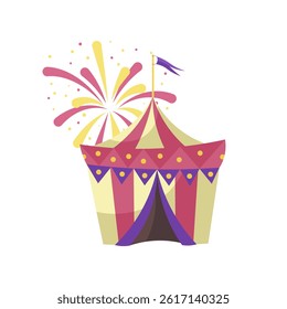 Circus tent with flag in flat design. Amusement park marquee for show. Vector illustration isolated.