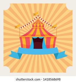Circus tent with flags and blank ribbon banner on orange striped background vector illustration graphic design
