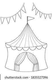 Circus tent and flags. Coloring page for coloring book. Cartoon vector illustration