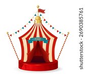 Circus tent with flags in flat style. Red, gold, blue and beige colors. Vector illustration isolated on white background