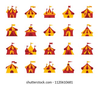 Circus tent flat icons set. Web sign kit of carnival. Cirque canopy pictogram collection includes marquee, striped border, awning. Simple circus tent cartoon icon symbol isolated. Vector Illustration