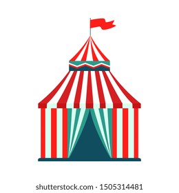 Circus tent - flat isolated amusement park carnival attraction made out of striped red and white fabric with little flag on top. Cartoon icon vector illustration.