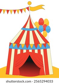 Circus tent fun fair theme amusement park in red and white with colorful balloons and yellow flags on white background