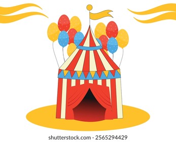 Circus, tent, fun fair, theme amusement park in red and white, with colorful balloons and yellow flags