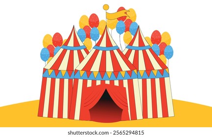 Circus tent fun fair theme amusement park in red and white color, three domes with colorful balloons and yellow flags on white background