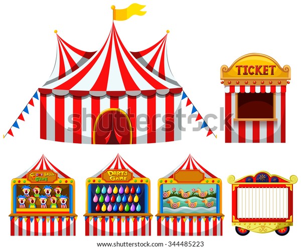 Circus tent and game\
boothes illustration