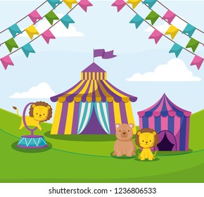 circus tent with garlands and cute animals