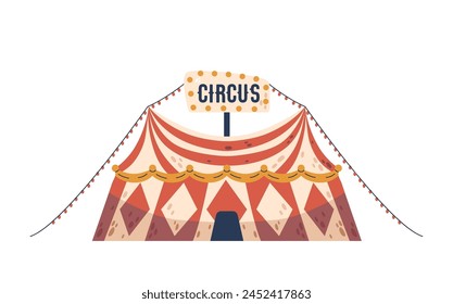 Circus Tent, Grand And Colorful Marquee Stand Tall With Stripy Peaks And Light Garland, Amusement Park Entertainment