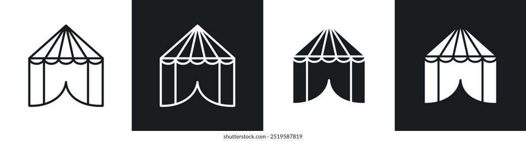 Circus tent icon collection in black and white filled and stroke line style.