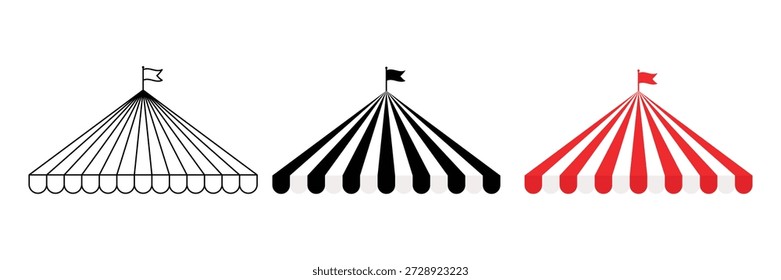 Conjunto de iconos de carpa de circo con carnaval de gran parte superior a rayas. icono con rojo y negro plano, rayas de contorno y bandera.