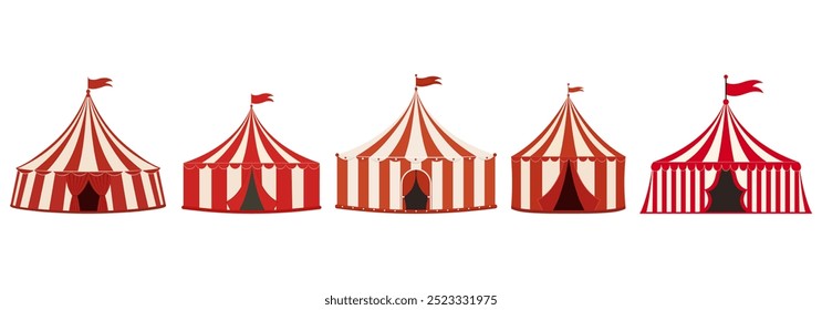 Circus tent icon set. Funfair and carnival symbols. Vector illustration.