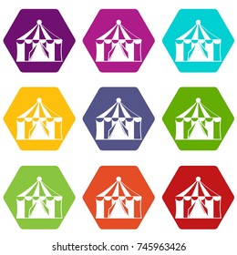 Circus tent icon set many color hexahedron isolated on white vector illustration