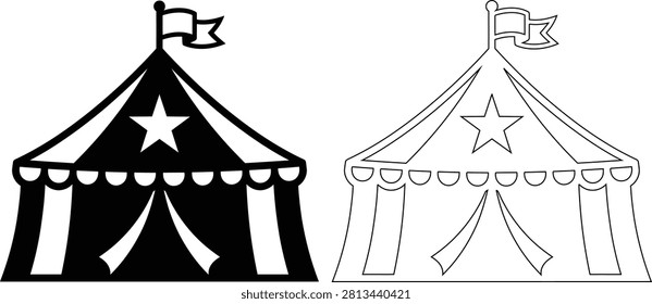 Circus tent icon vector set with solid and outline designs carnival festival entertainment performance silhouette illustration amusement landmark