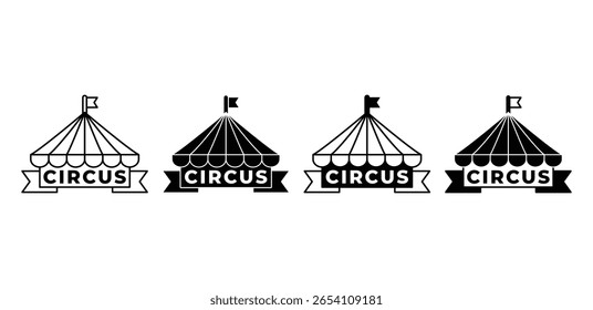 Ícones de tenda de circo com bandeira preto e branco cor vetor design simples linha arte ilustração