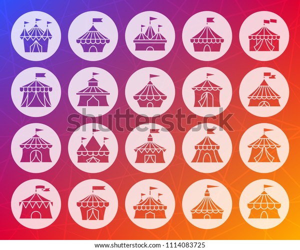 Circus tent icons set. Sign kit of carnival.\
Cirque canopy pictogram collection includes marquee, striped\
border, awning. Simple circus vector symbol. Icon carved from\
circle on colorful\
background