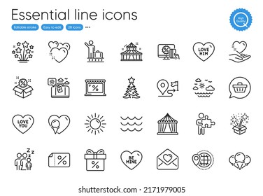 Circus tent, Journey and Puzzle line icons. Collection of Waves, Love you, Sale icons. Fireworks, Ice cream, Love letter web elements. Hold heart, Sleep, Discount offer. Online shopping. Vector