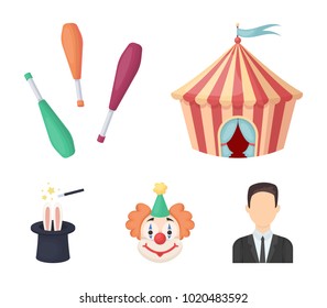 Circus tent, juggler maces, clown, magician's hat.Circus set collection icons in cartoon style vector symbol stock illustration web.