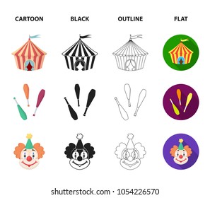 Circus tent, juggler maces, clown, magician hat.Circus set collection icons in cartoon,black,outline,flat style vector symbol stock illustration web.