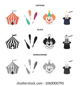 Circus tent, juggler maces, clown, magician hat.Circus set collection icons in cartoon,black,monochrome style vector symbol stock illustration web.