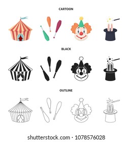 Circus tent, juggler maces, clown, magician hat.Circus set collection icons in cartoon,black,outline style vector symbol stock illustration web.