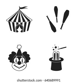 Circus tent, juggler maces, clown, magician's hat.Circus set collection icons in black style vector symbol stock illustration web.